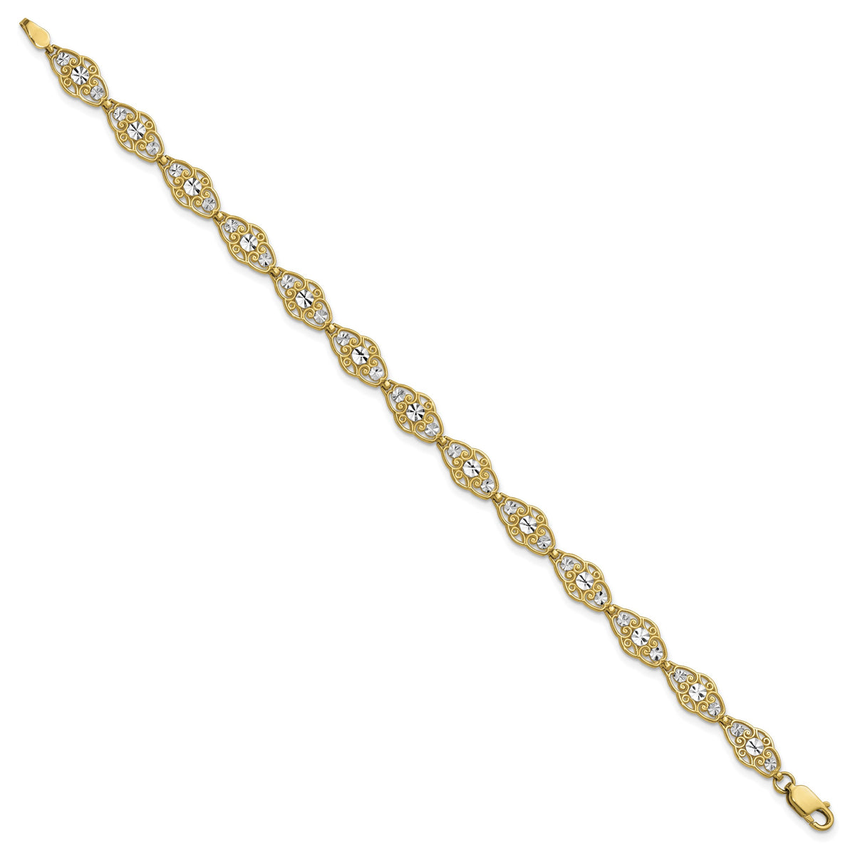14k and White Rhodium Diamond-Cut Fancy Filigree 7.25 inch Bracelet