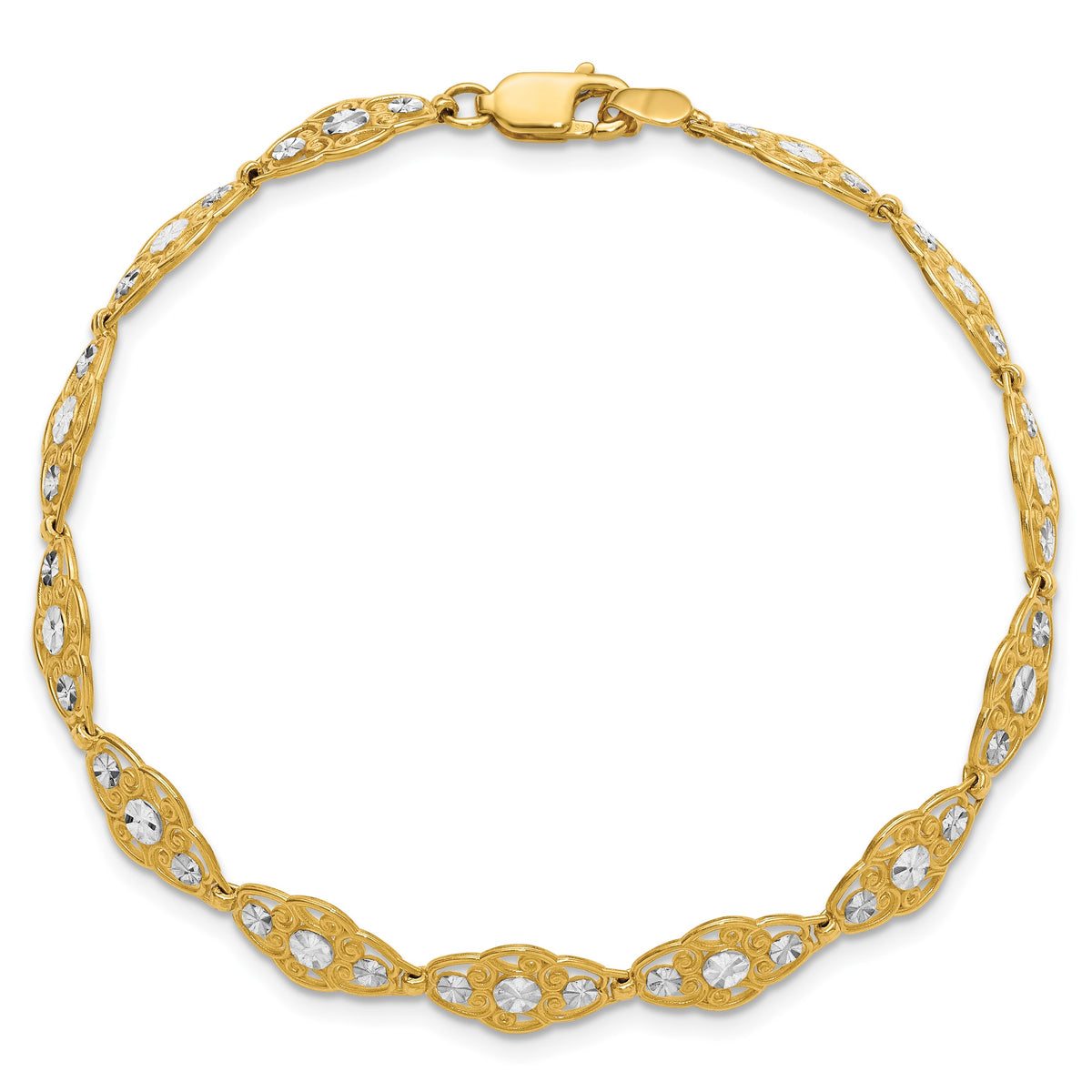 14k and White Rhodium Diamond-Cut Fancy Filigree 7.25 inch Bracelet