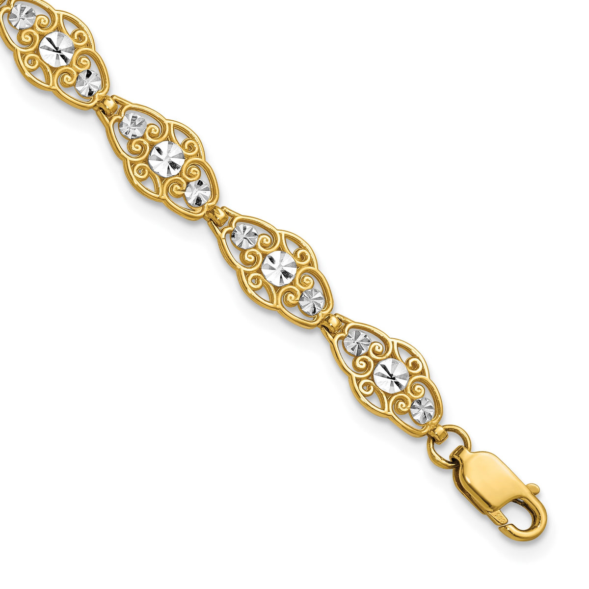 14k and White Rhodium Diamond-Cut Fancy Filigree 7.25 inch Bracelet
