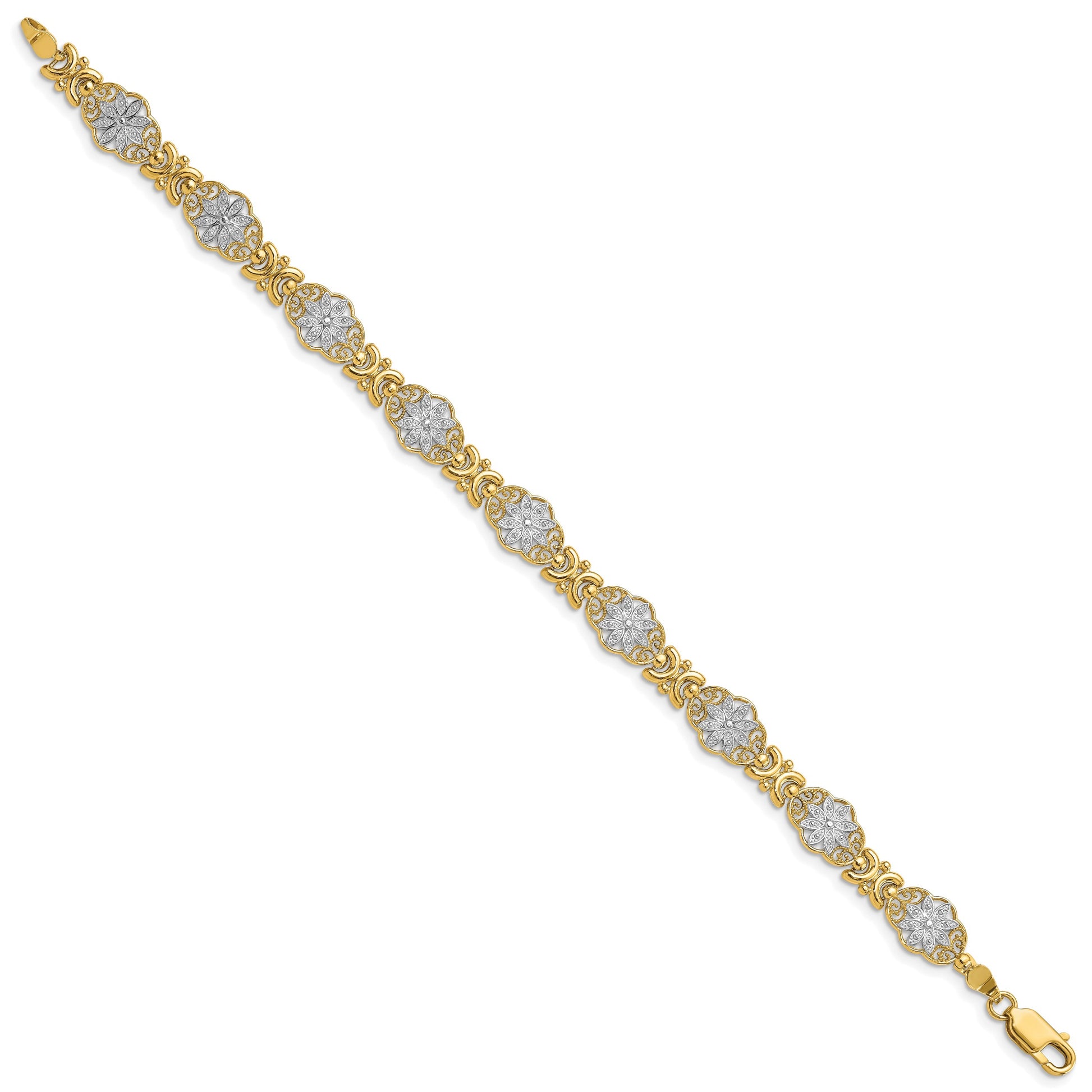 14k and White Rhodium Polished and Textured Fancy Floral Link 7.5 inch Bracelet