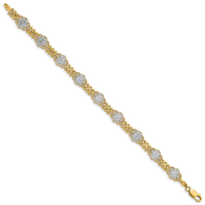 14k and White Rhodium Polished and Textured Fancy Floral Link 7.5 inch Bracelet