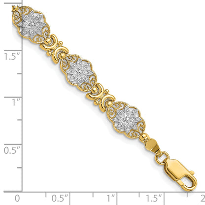 14k and White Rhodium Polished and Textured Fancy Floral Link 7.5 inch Bracelet