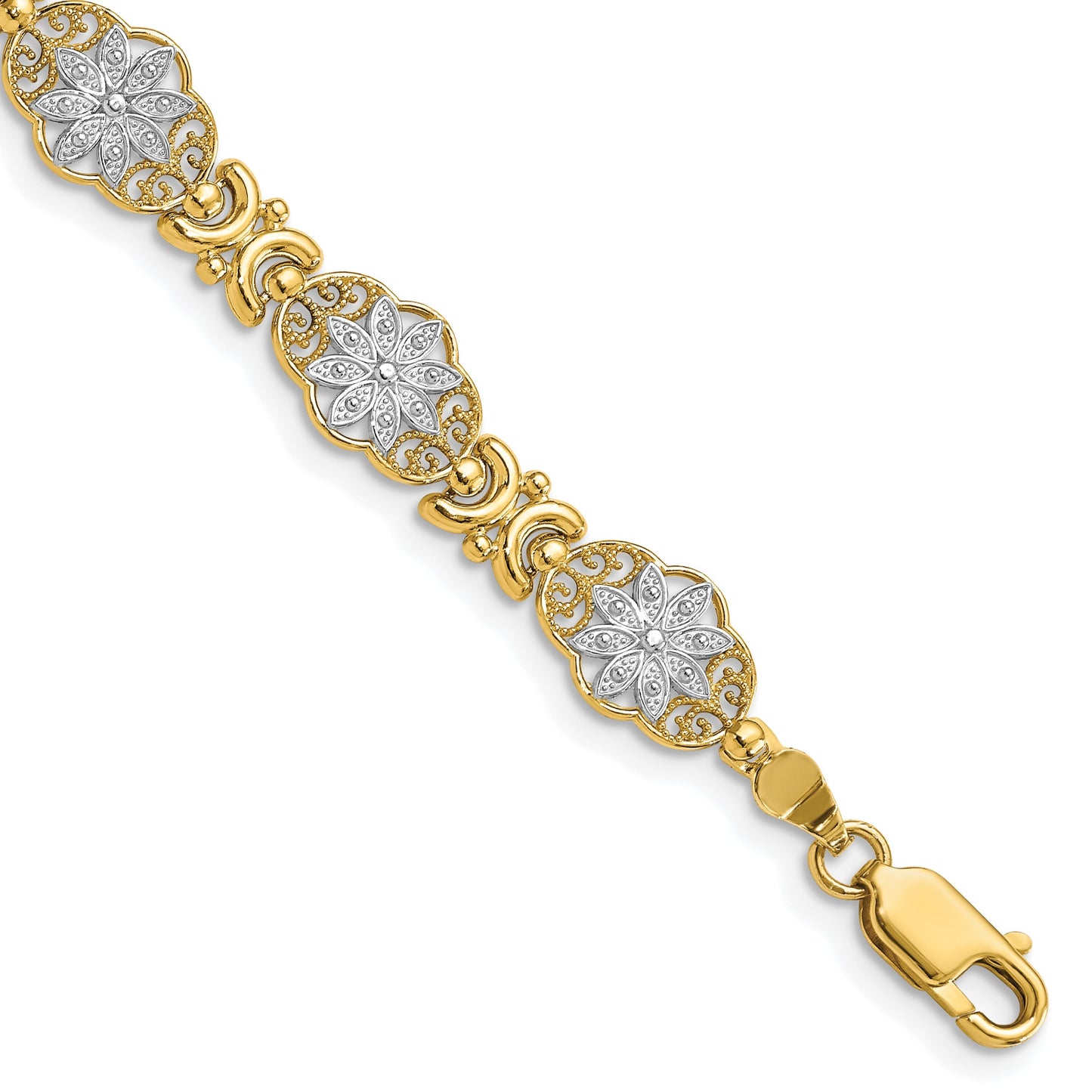 14k and White Rhodium Polished and Textured Fancy Floral Link 7.5 inch Bracelet