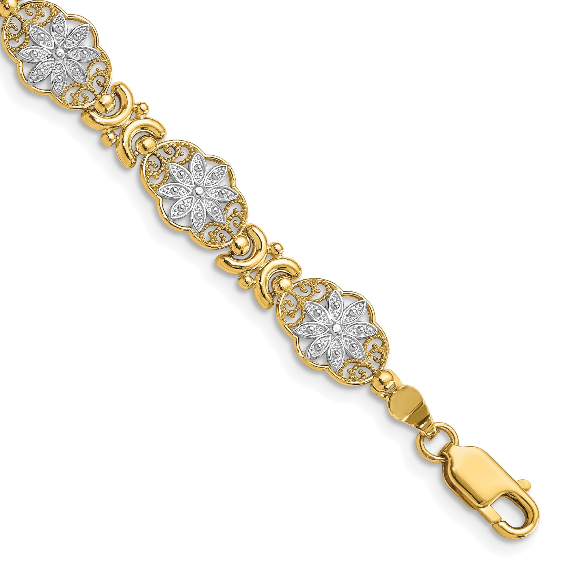 14k and White Rhodium Polished and Textured Fancy Floral Link 7.5 inch Bracelet