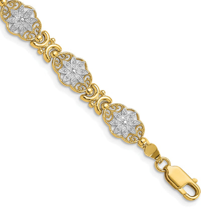 14k and White Rhodium Polished and Textured Fancy Floral Link 7.5 inch Bracelet