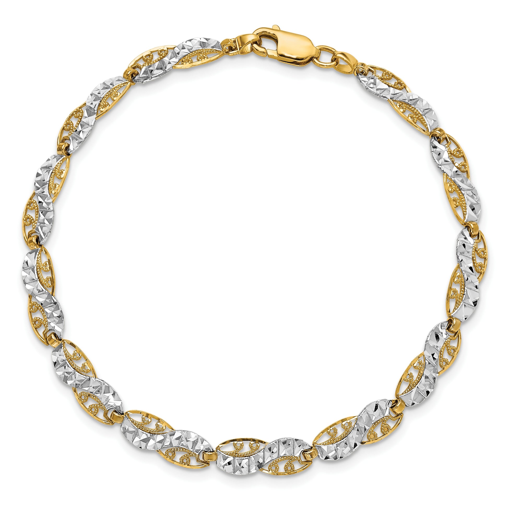 14K and White Rhodium Diamond-Cut Filigree Link 7.5 inch Bracelet