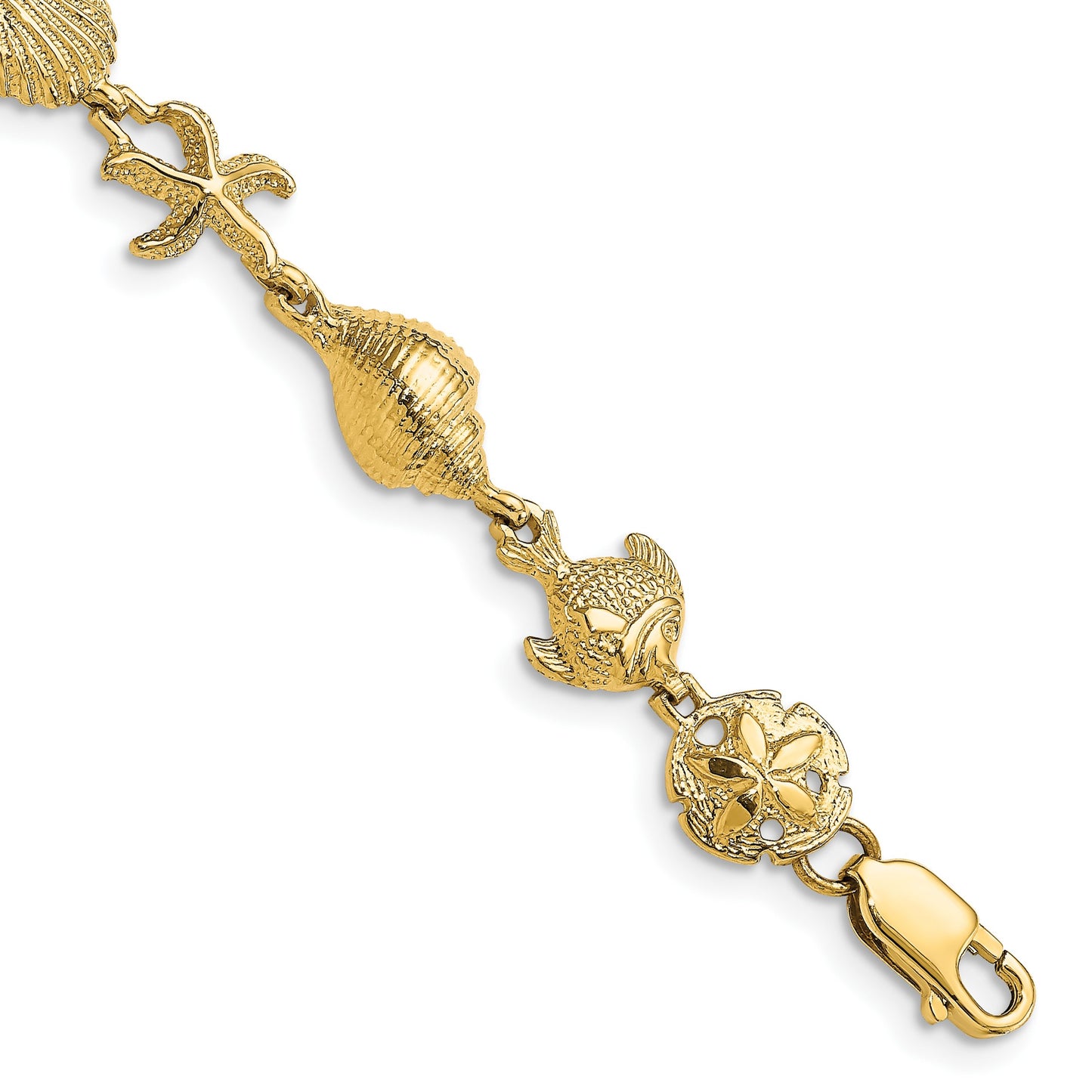 14k Polished and Textured Ocean Motif 7.25 inch Bracelet