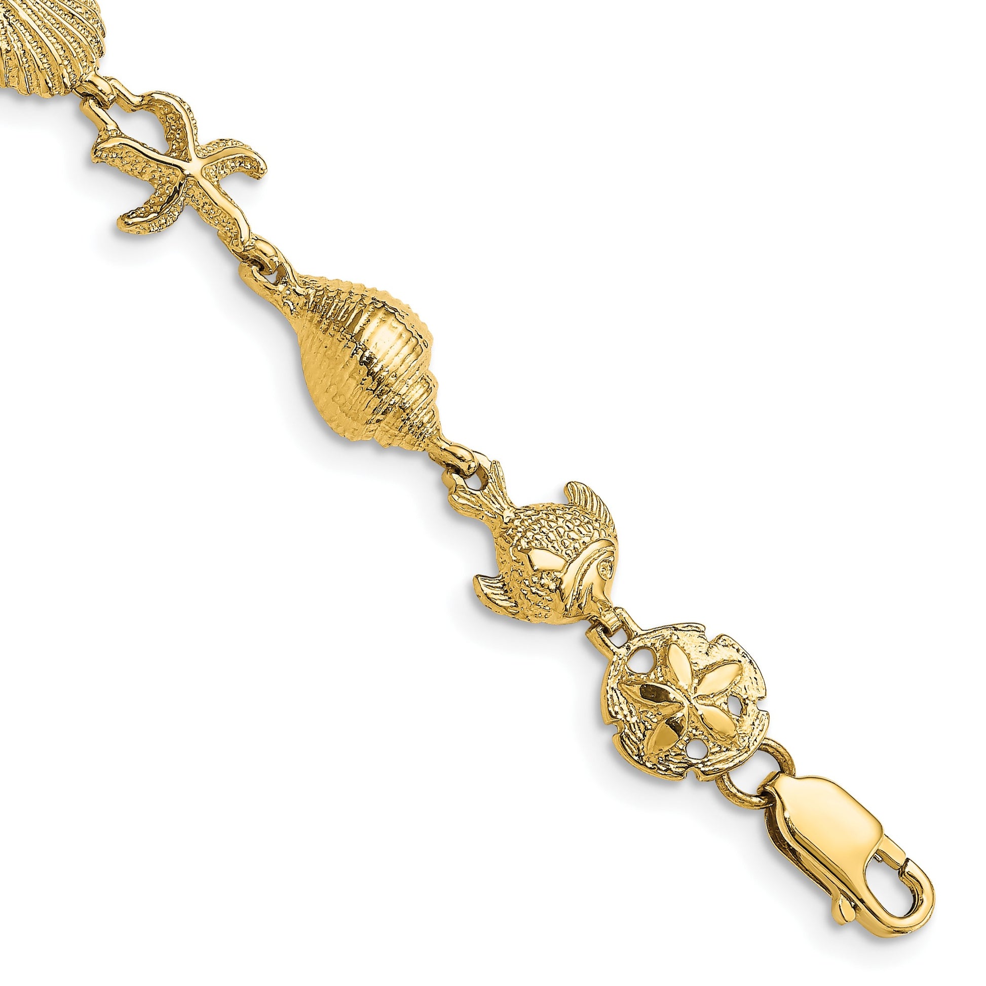 14k Polished and Textured Ocean Motif 7.25 inch Bracelet