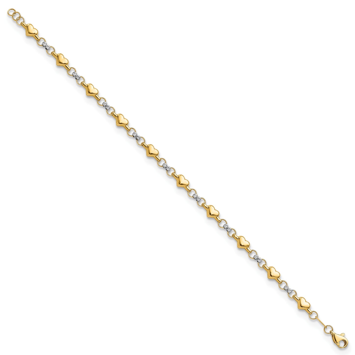 14K Two-tone Polished Puffed Hearts with Diamond-cut Beads 7.5 inch Bracelet