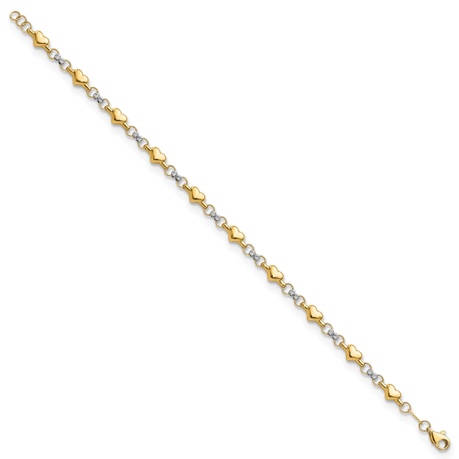 14K Two-tone Polished Puffed Hearts with Diamond-cut Beads 7.5 inch Bracelet