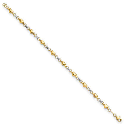 14K Two-tone Polished Puffed Hearts with Diamond-cut Beads 7.5 inch Bracelet