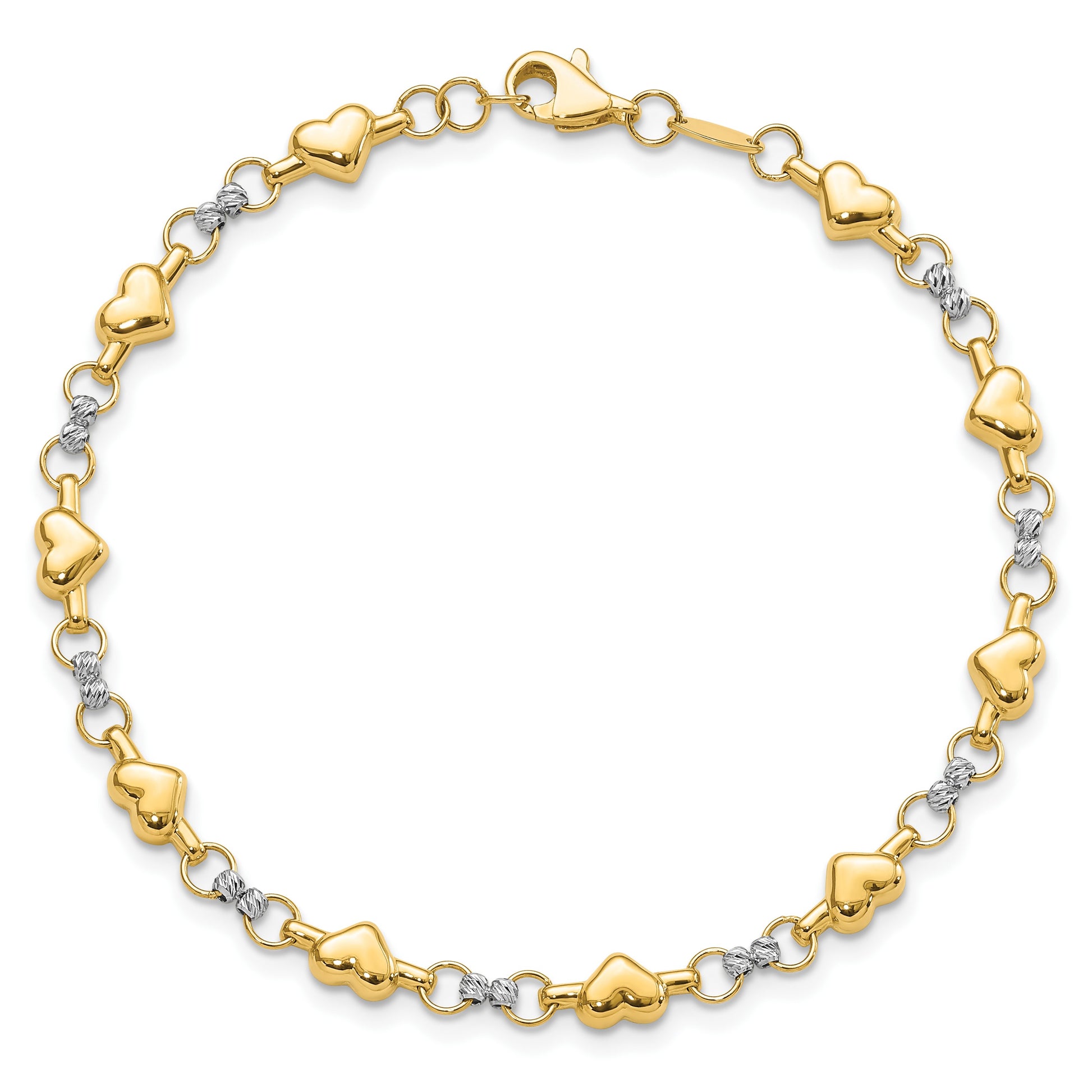 14K Two-tone Polished Puffed Hearts with Diamond-cut Beads 7.5 inch Bracelet
