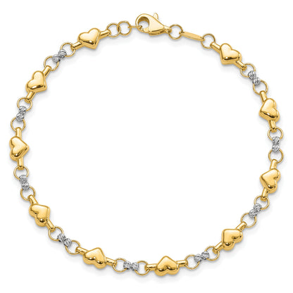 14K Two-tone Polished Puffed Hearts with Diamond-cut Beads 7.5 inch Bracelet