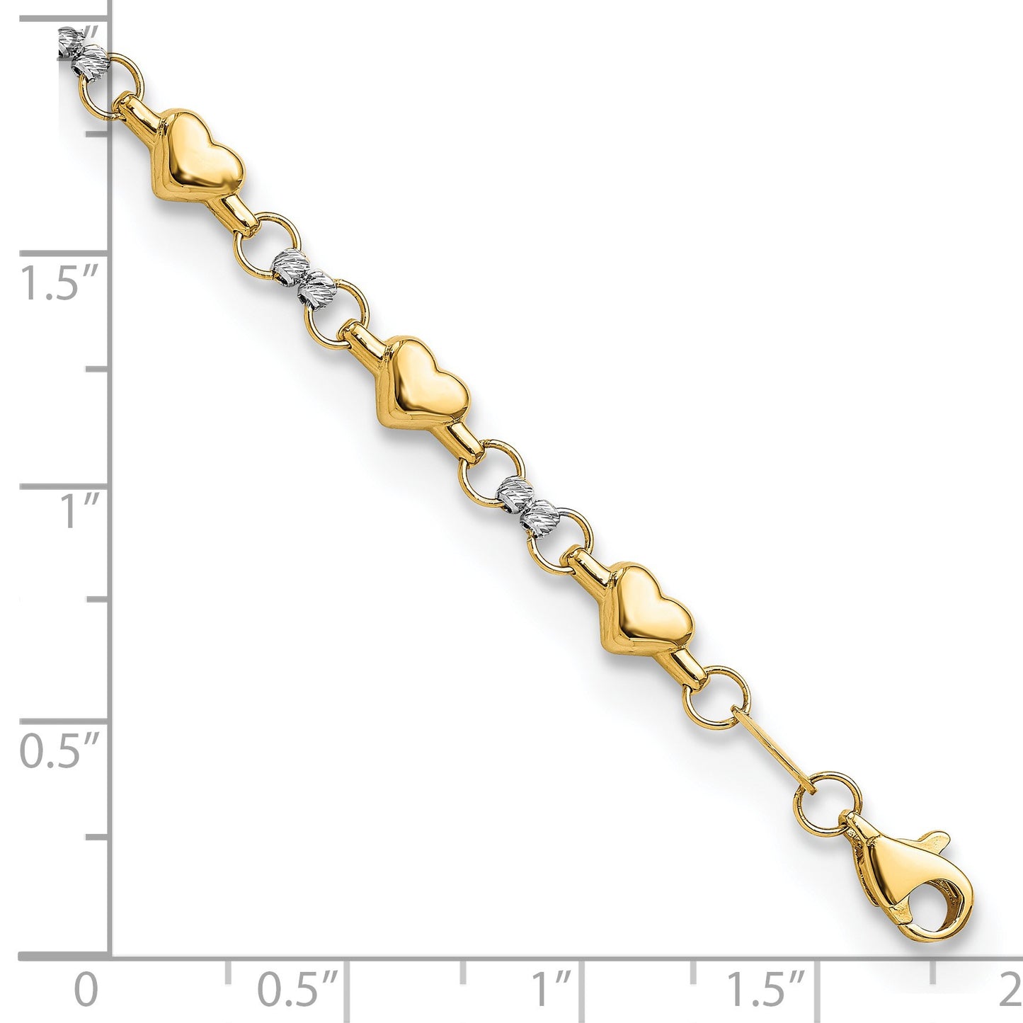 14K Two-tone Polished Puffed Hearts with Diamond-cut Beads 7.5 inch Bracelet