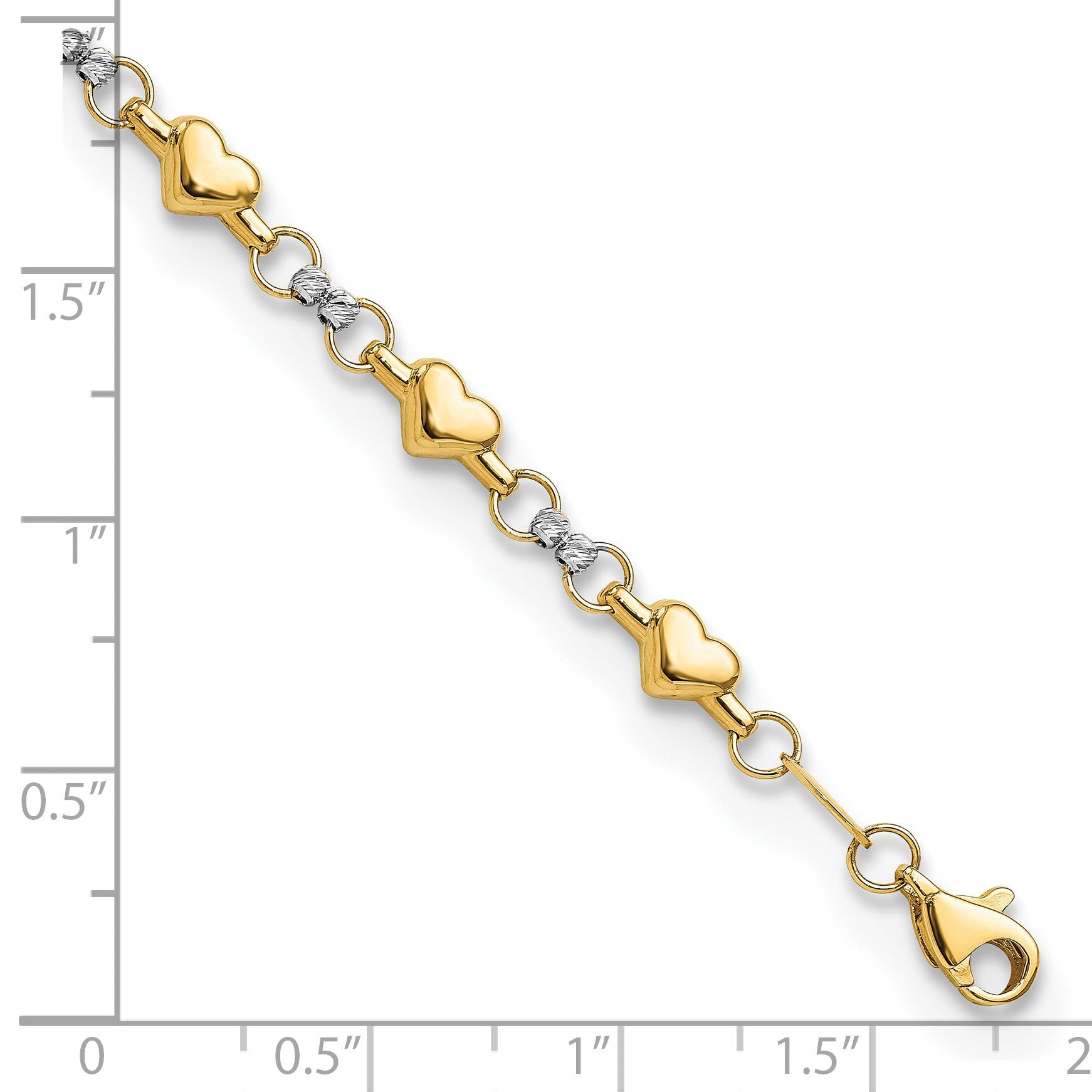 14K Two-tone Polished Puffed Hearts with Diamond-cut Beads 7.5 inch Bracelet