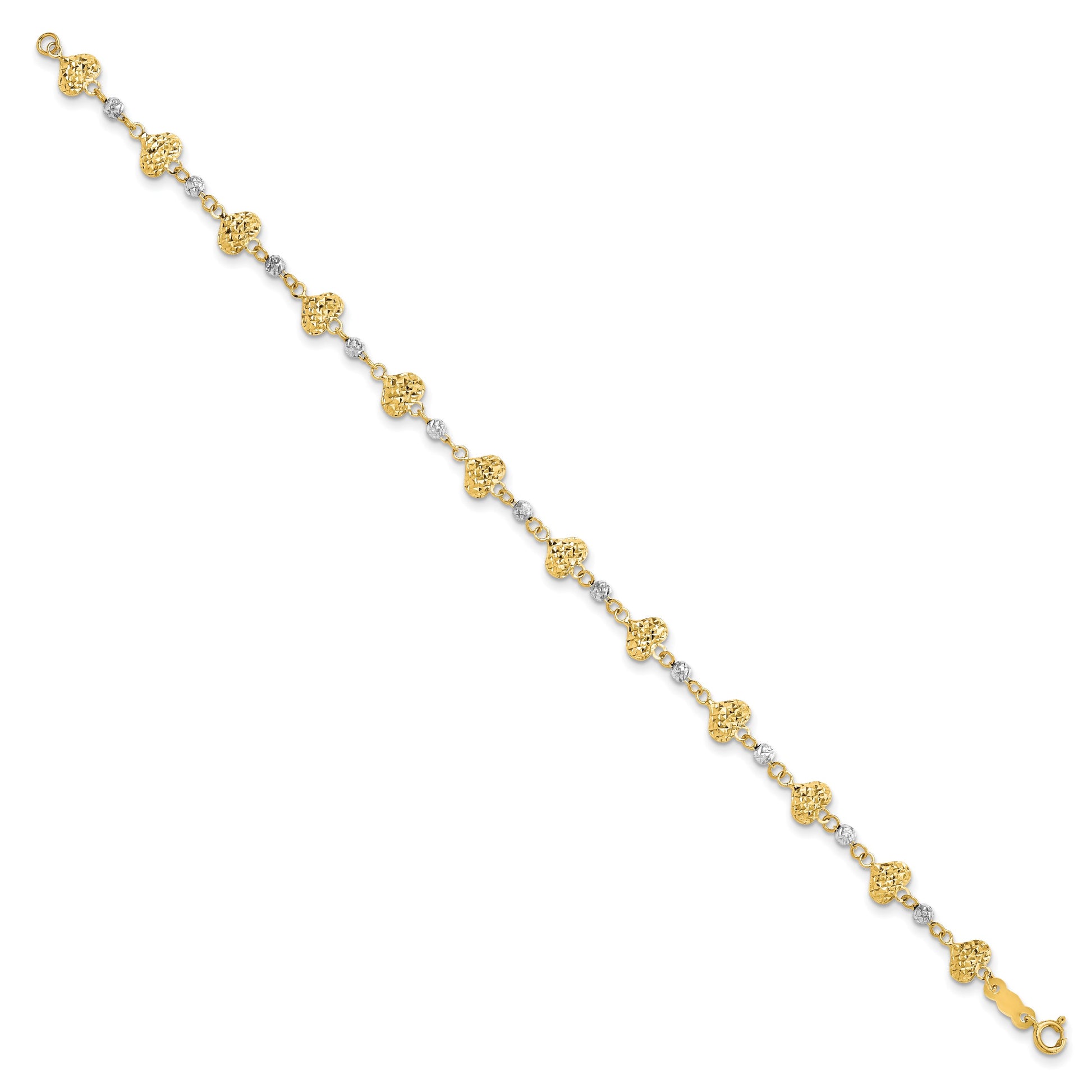 14K Two-tone Diamond-cut Hearts and Beads 7 inch Bracelet
