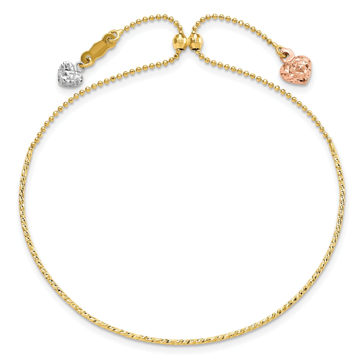 14K Tri-color Diamond-cut Heart Dangles Half Bangle Adjustable Bracelet