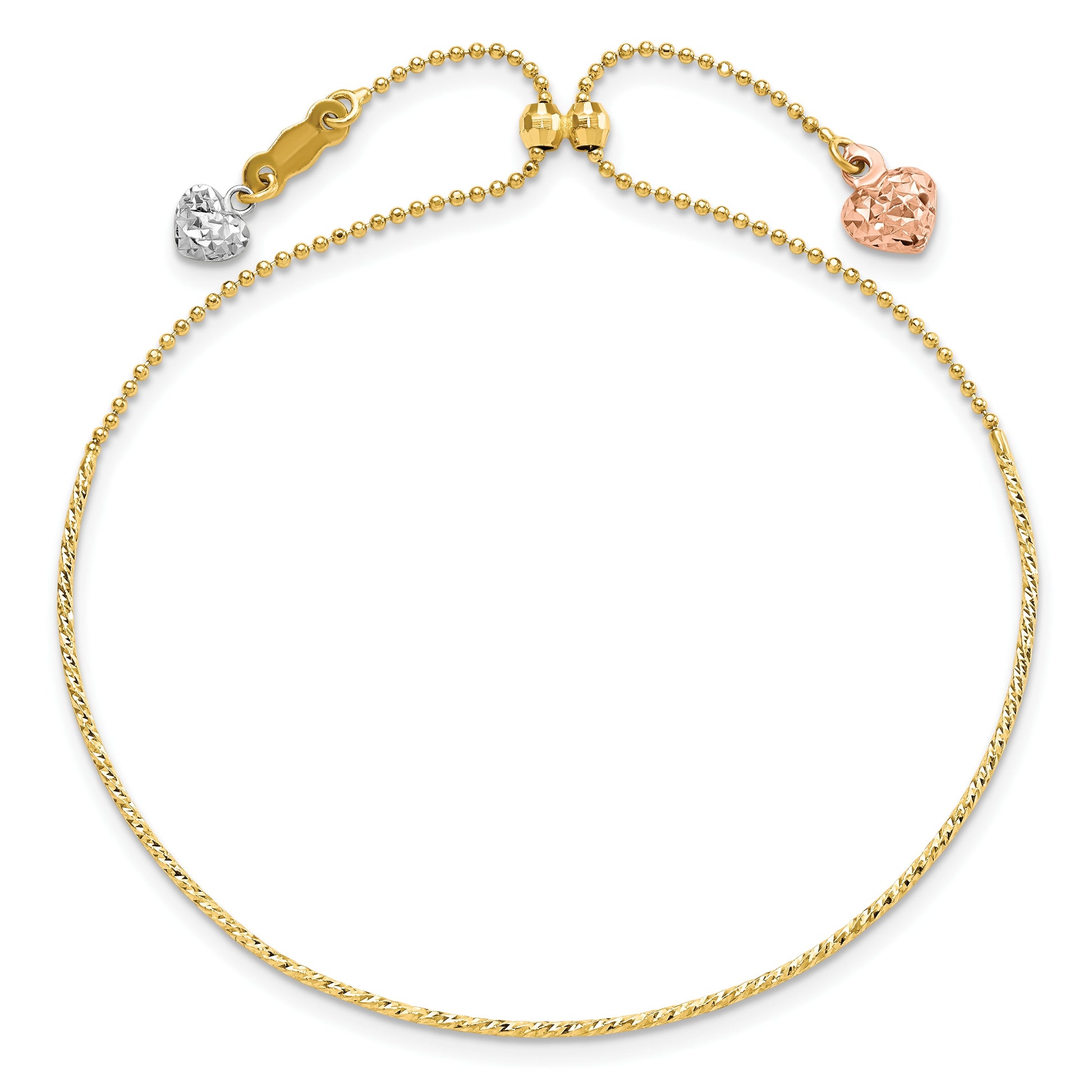 14K Tri-color Diamond-cut Heart Dangles Half Bangle Adjustable Bracelet