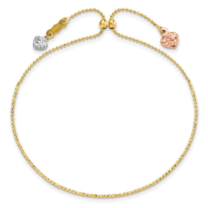 14K Tri-color Diamond-cut Heart Dangles Half Bangle Adjustable Bracelet