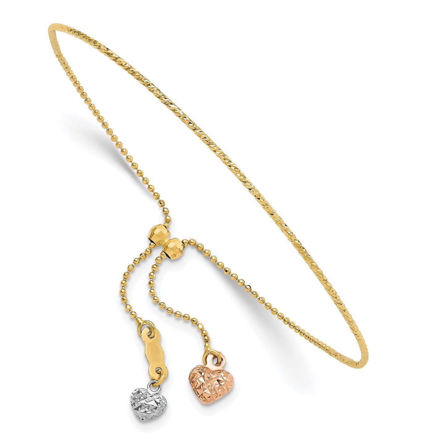 14K Tri-color Diamond-cut Heart Dangles Half Bangle Adjustable Bracelet