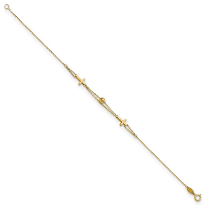 14K Polished Double Strand Cross and Bead 7.5 inch Bracelet