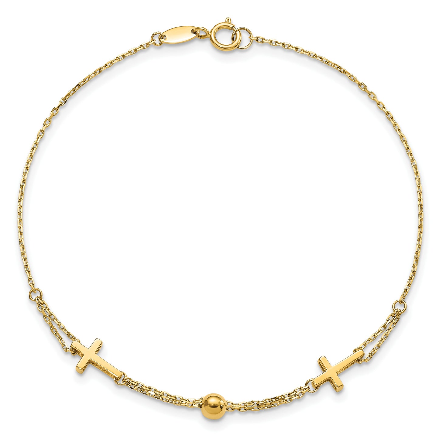 14K Polished Double Strand Cross and Bead 7.5 inch Bracelet