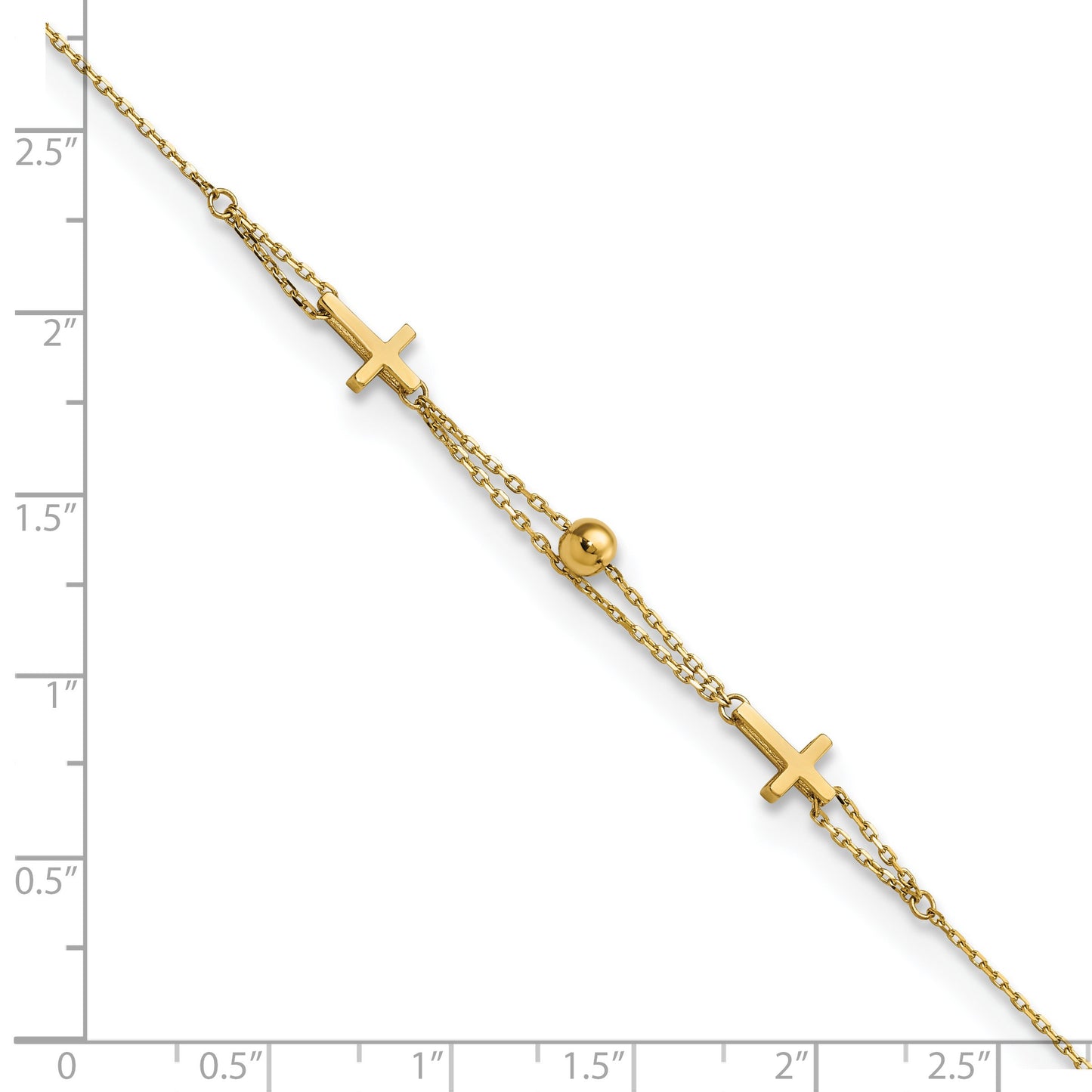 14K Polished Double Strand Cross and Bead 7.5 inch Bracelet