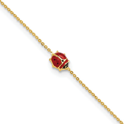 14k Polished Red and Black Enameled Ladybug 6.5 inch Plus 0.75 inch Extender Bracelet