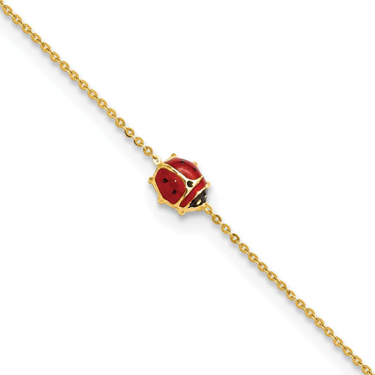 14k Polished Red and Black Enameled Ladybug 6.5 inch Plus 0.75 inch Extender Bracelet