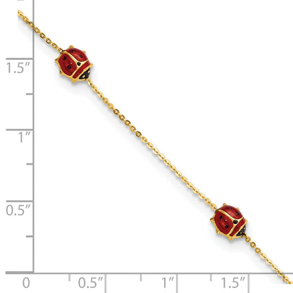 14k Polished Red and Black Enameled Ladybugs 6.5 inch Childrens Bracelet Plus 0.75 inch Extender