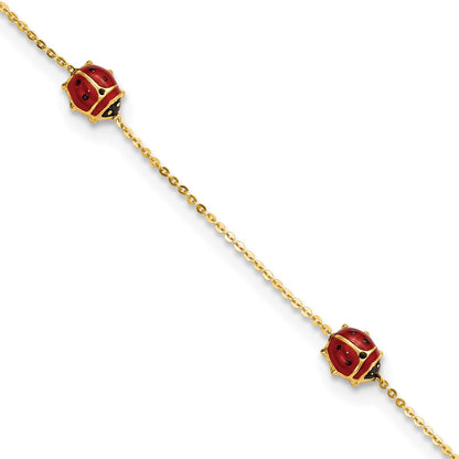 14k Polished Red and Black Enameled Ladybugs 6.5 inch Childrens Bracelet Plus 0.75 inch Extender