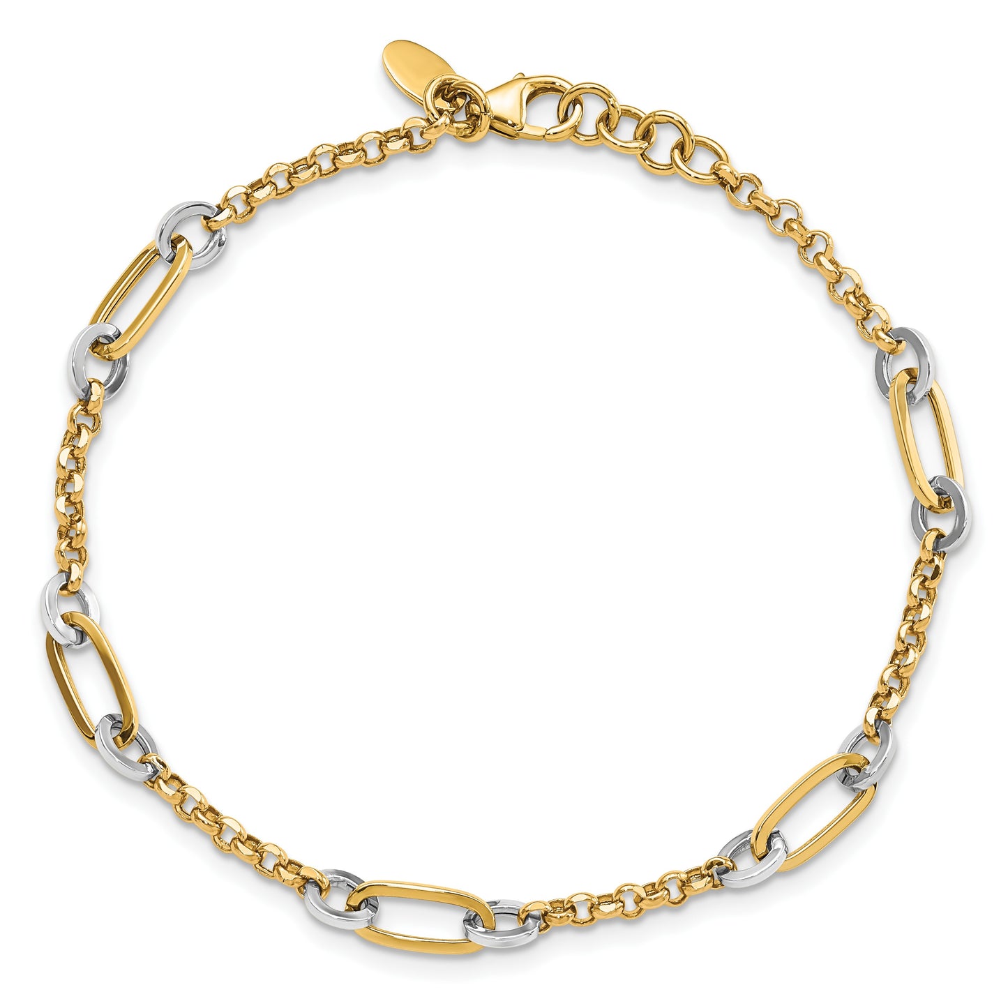 14K Two-tone Fancy Oval Link and Chain 7.25 inch Bracelet Plus 0.5 inch Extender