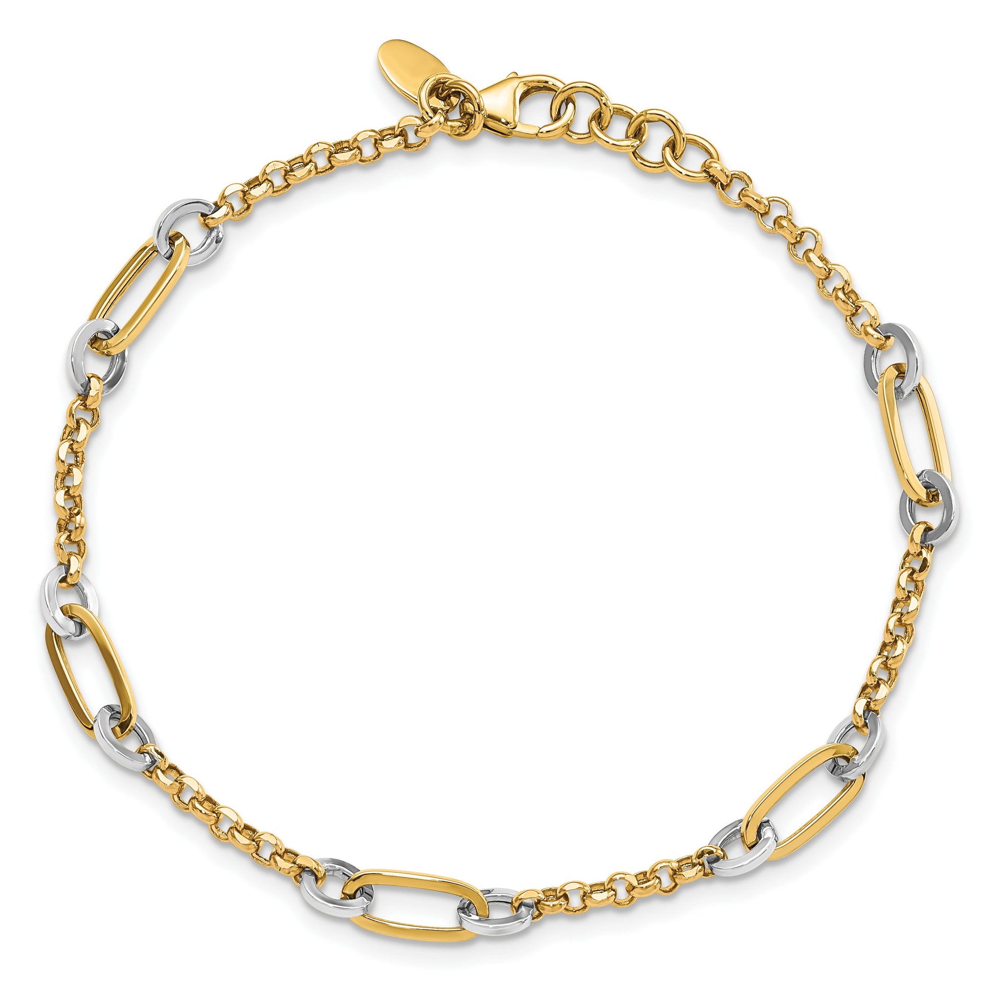14K Two-tone Fancy Oval Link and Chain 7.25 inch Bracelet Plus 0.5 inch Extender