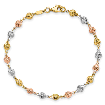 14K Tri-color Polished Diamond-Cut Hearts 7.5 inch Bracelet