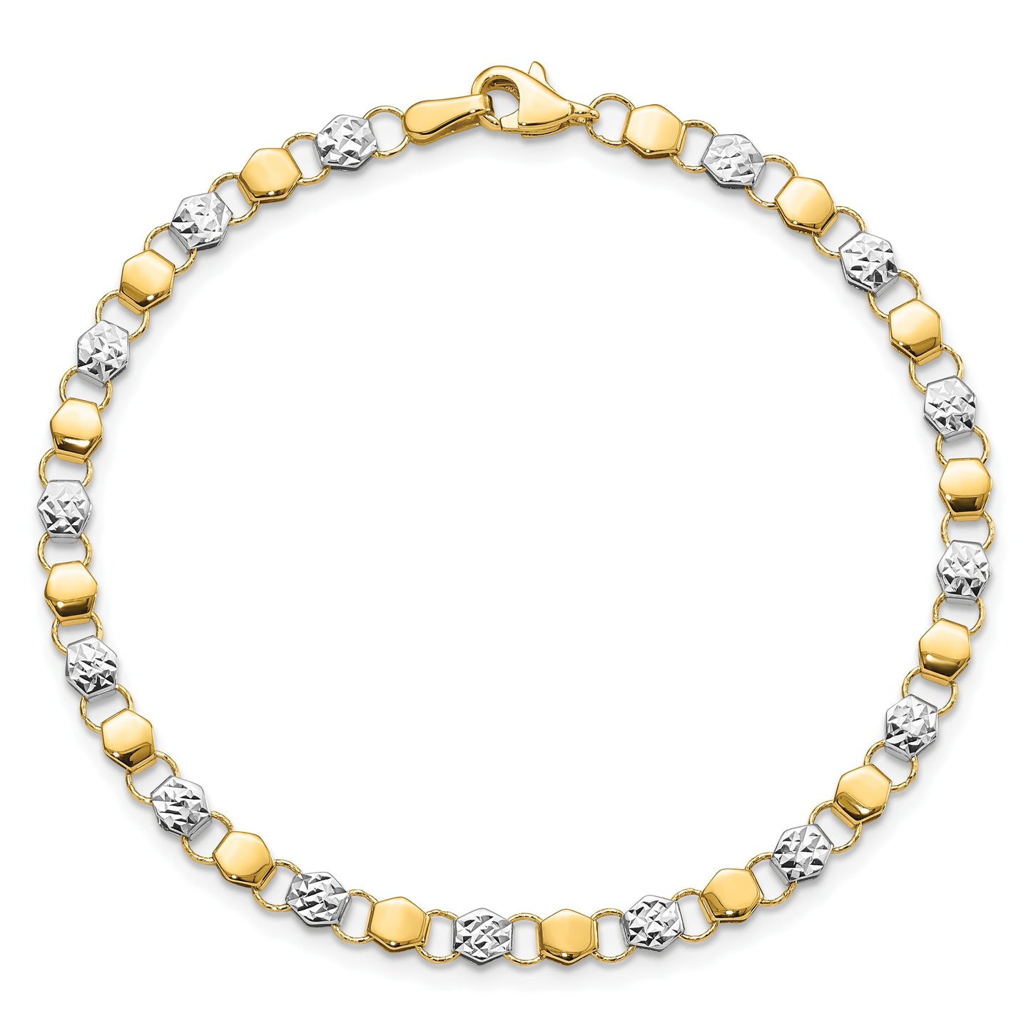 14K and White Rhodium Diamond-cut Fancy Link 7.5 inch Bracelet