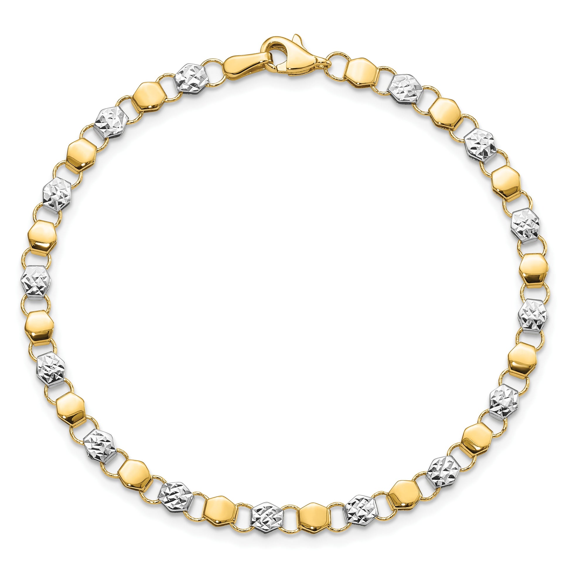 14K and White Rhodium Diamond-cut Fancy Link 7.5 inch Bracelet