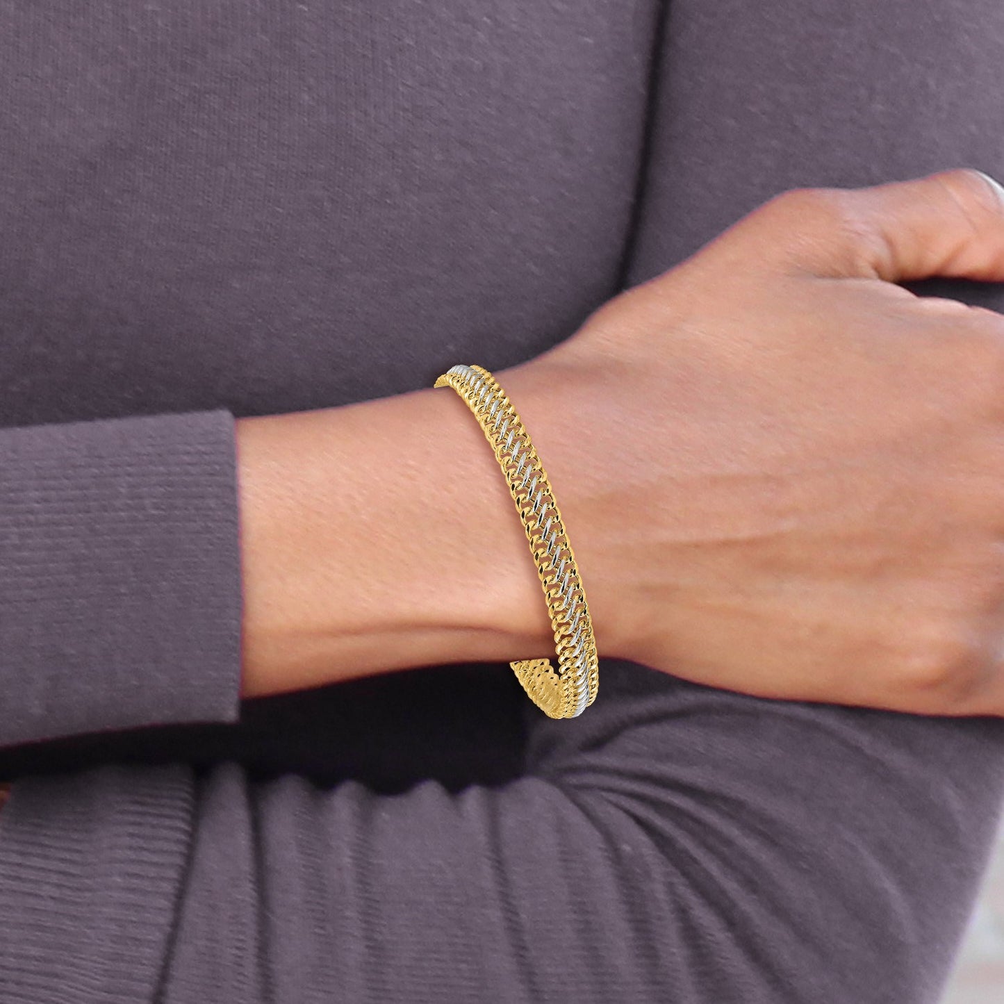 14K and White Rhodium Polished 7.4mm Fancy Link 8 inch Bracelet