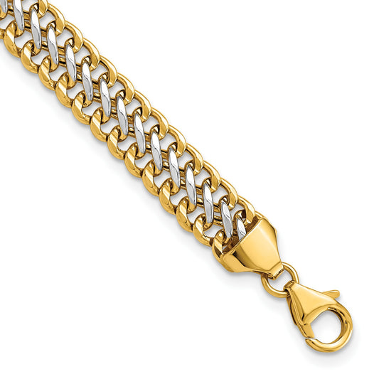 14K and White Rhodium Polished 7.4mm Fancy Link 8 inch Bracelet