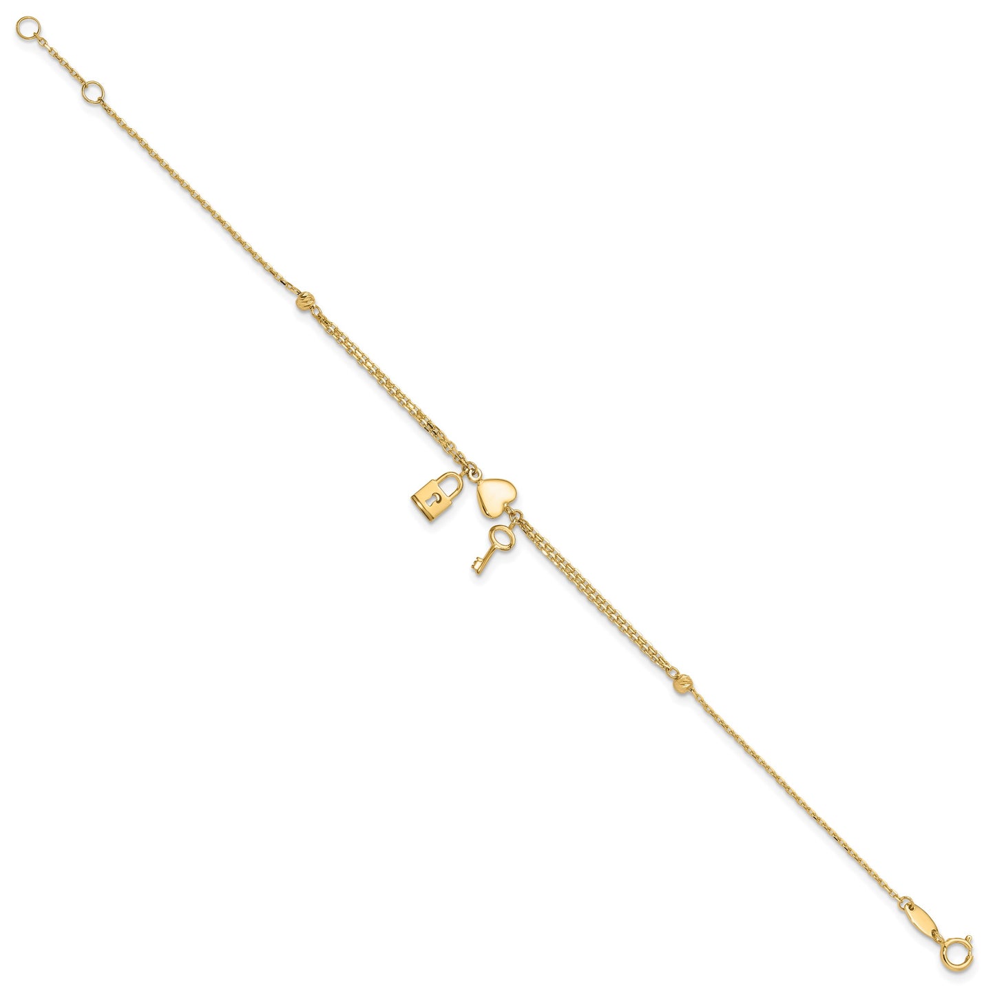 14K Polished and Diamond-cut Heart Lock and Key 7 inch Bracelet Plus 0.5 inch Extender