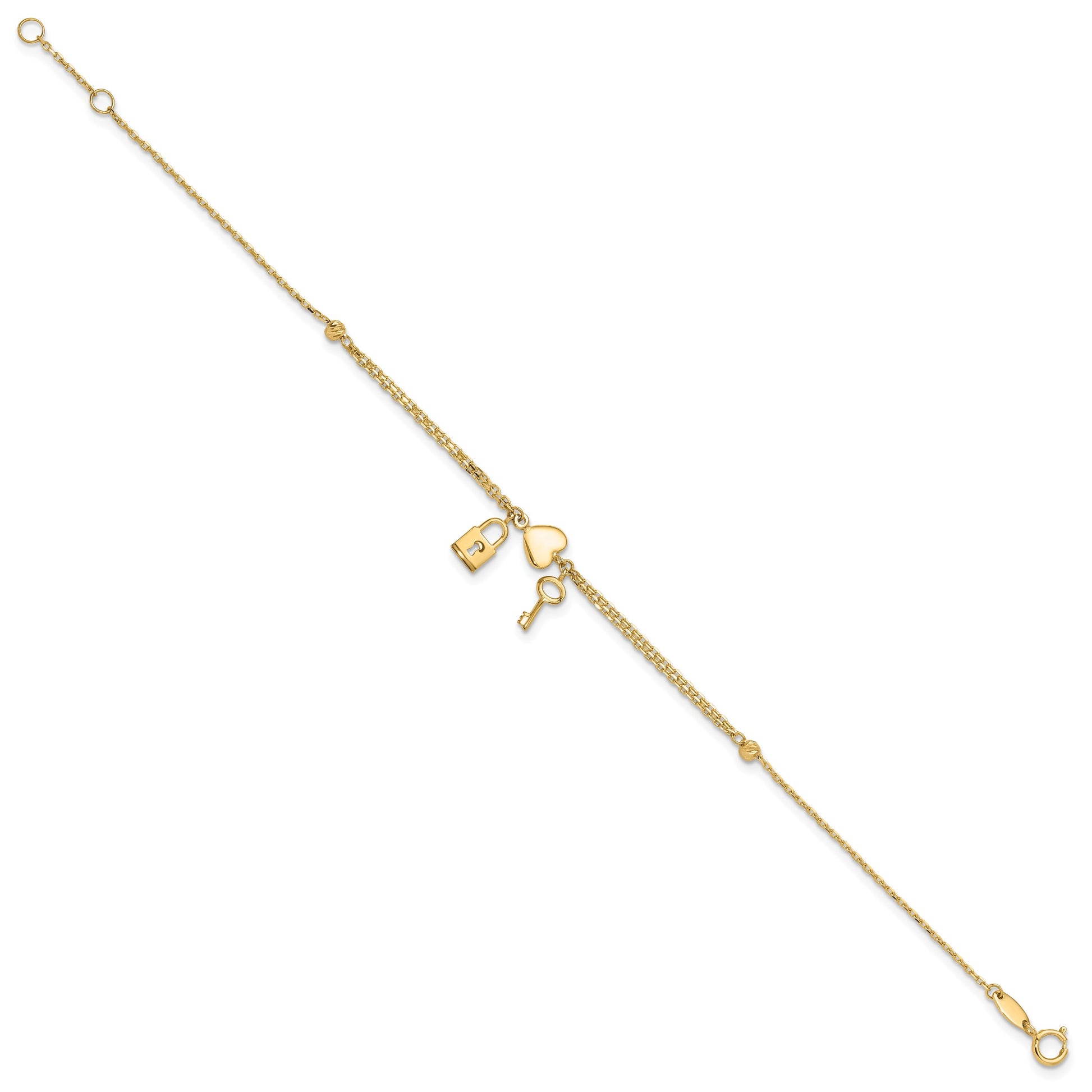 14K Polished and Diamond-cut Heart Lock and Key 7 inch Bracelet Plus 0.5 inch Extender