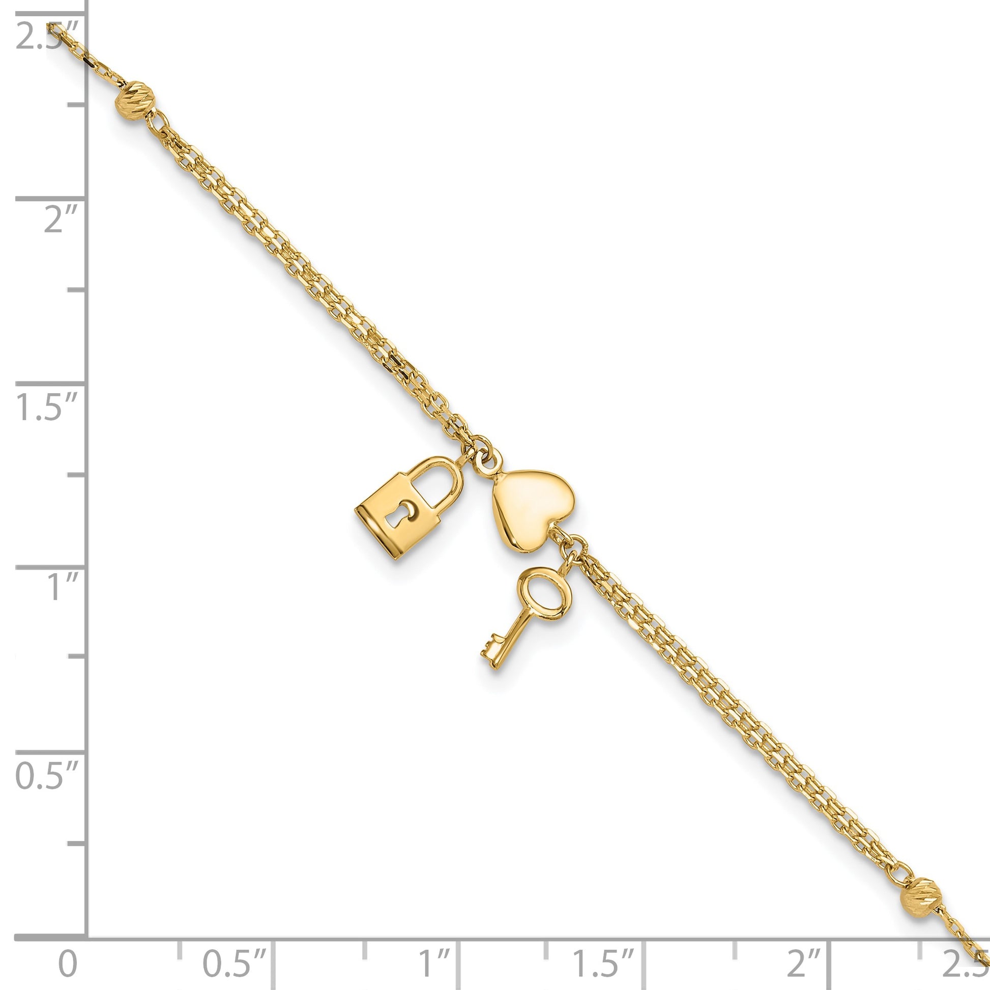 14K Polished and Diamond-cut Heart Lock and Key 7 inch Bracelet Plus 0.5 inch Extender