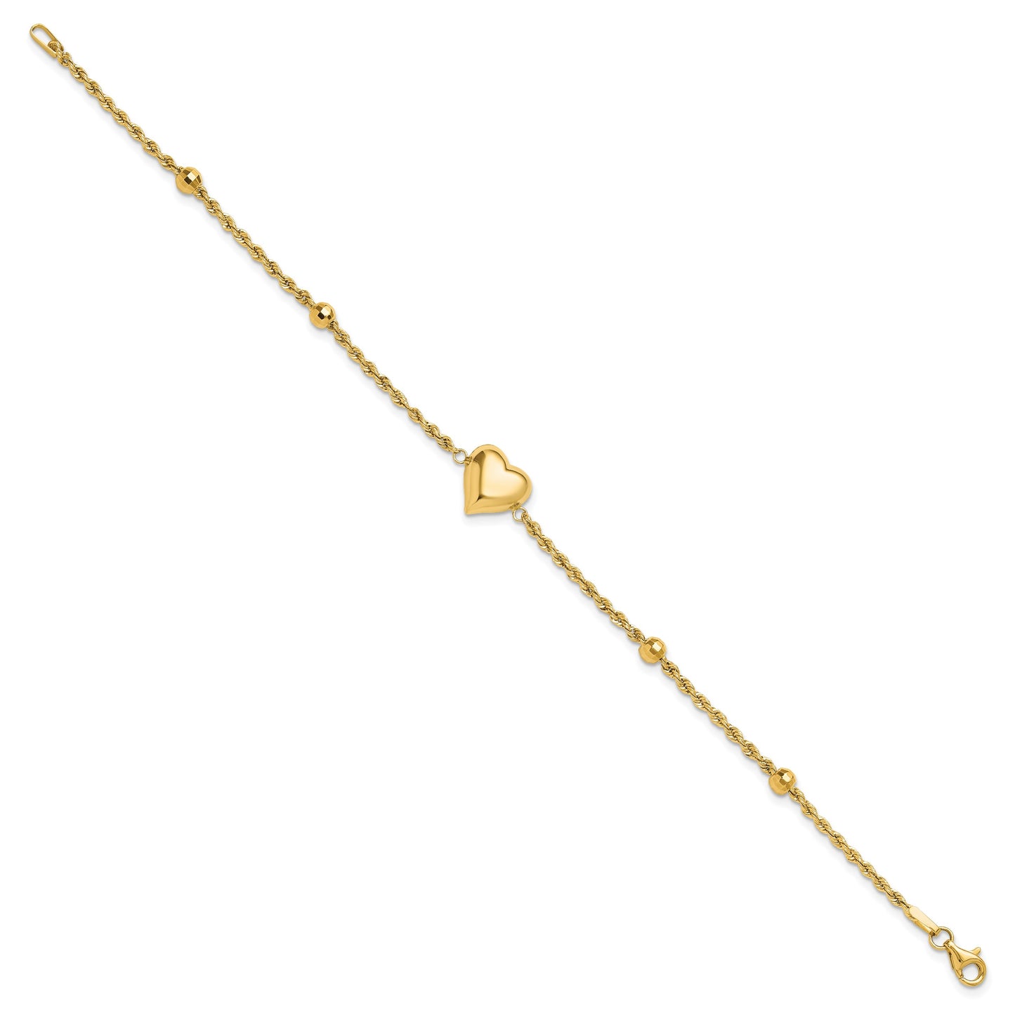 14k Polished and Diamond-cut Beaded Puffed Heart 7.75 inch Bracelet