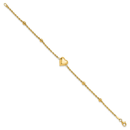 14k Polished and Diamond-cut Beaded Puffed Heart 7.75 inch Bracelet