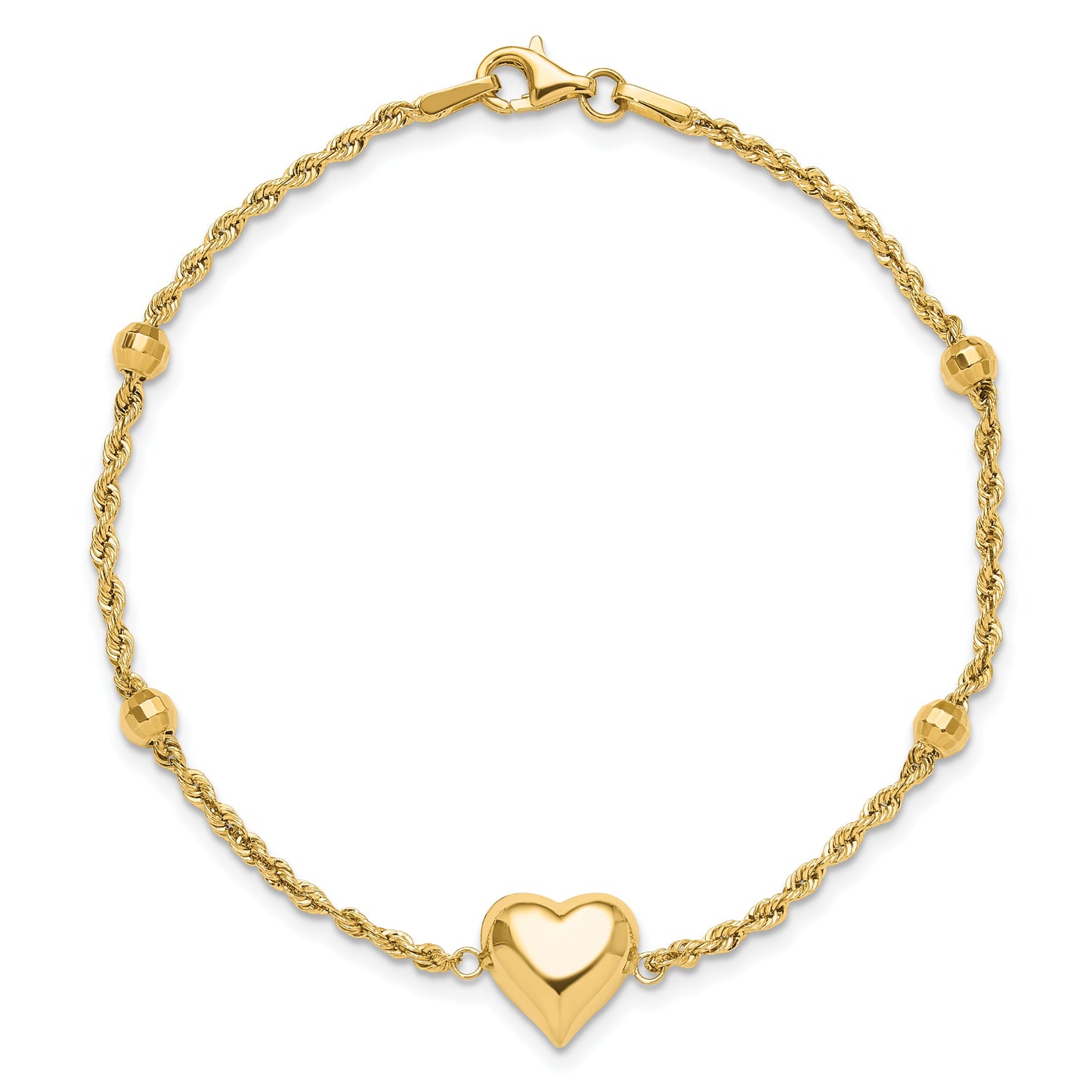 14k Polished and Diamond-cut Beaded Puffed Heart 7.75 inch Bracelet