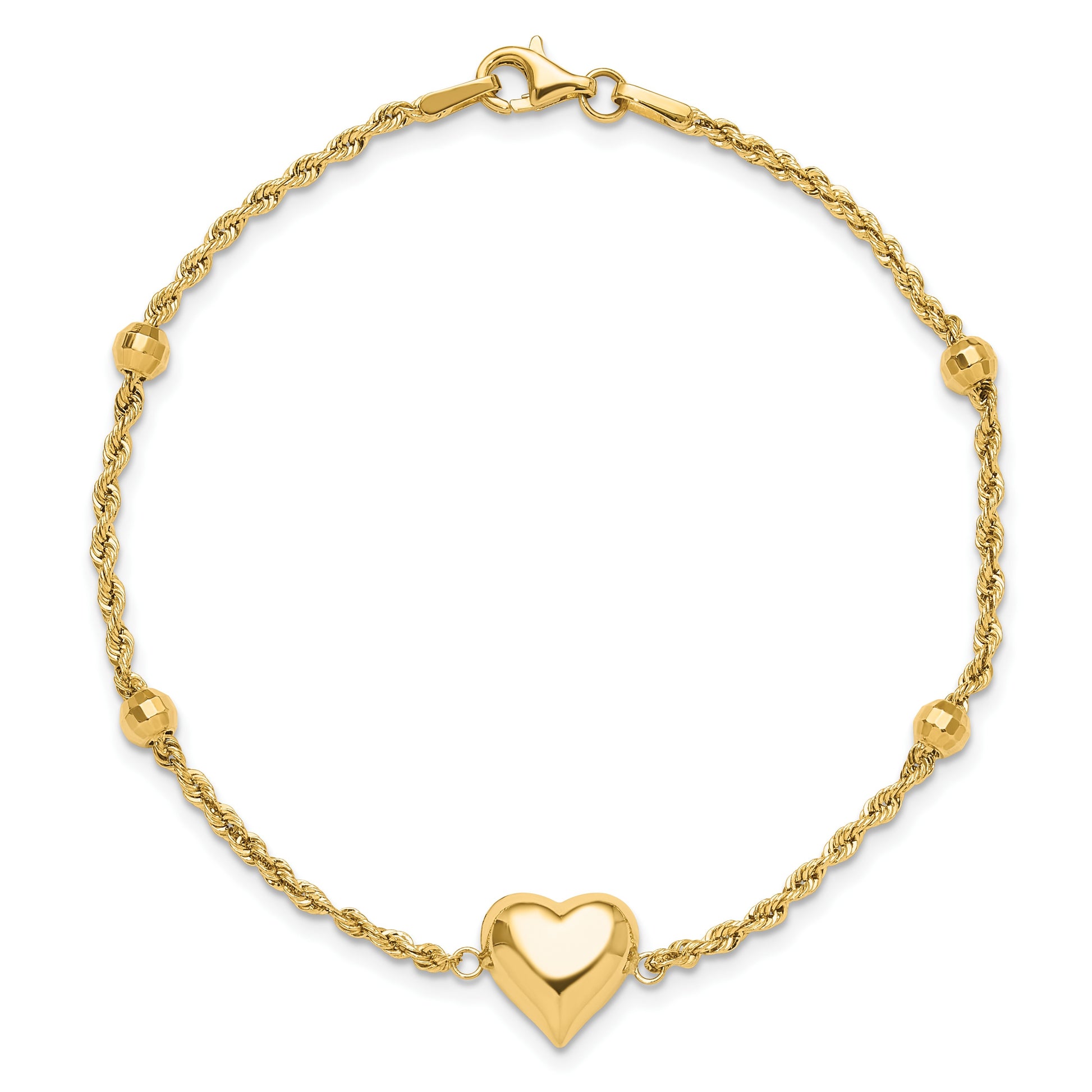 14k Polished and Diamond-cut Beaded Puffed Heart 7.75 inch Bracelet