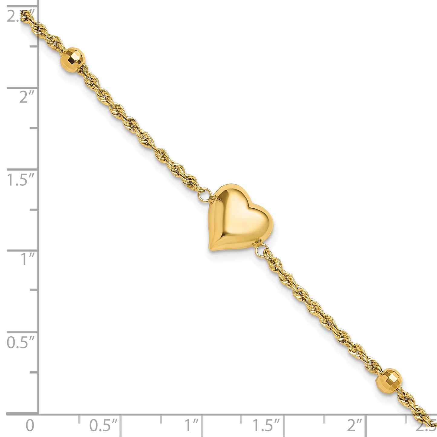 14k Polished and Diamond-cut Beaded Puffed Heart 7.75 inch Bracelet