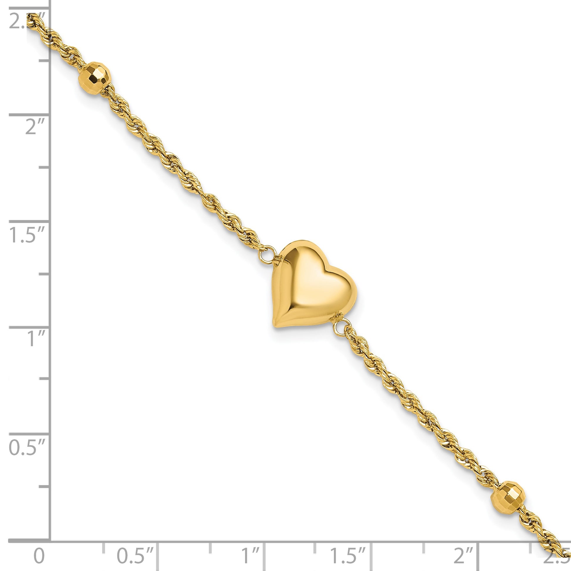 14k Polished and Diamond-cut Beaded Puffed Heart 7.75 inch Bracelet