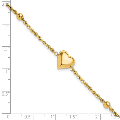 14k Polished and Diamond-cut Beaded Puffed Heart 7.75 inch Bracelet