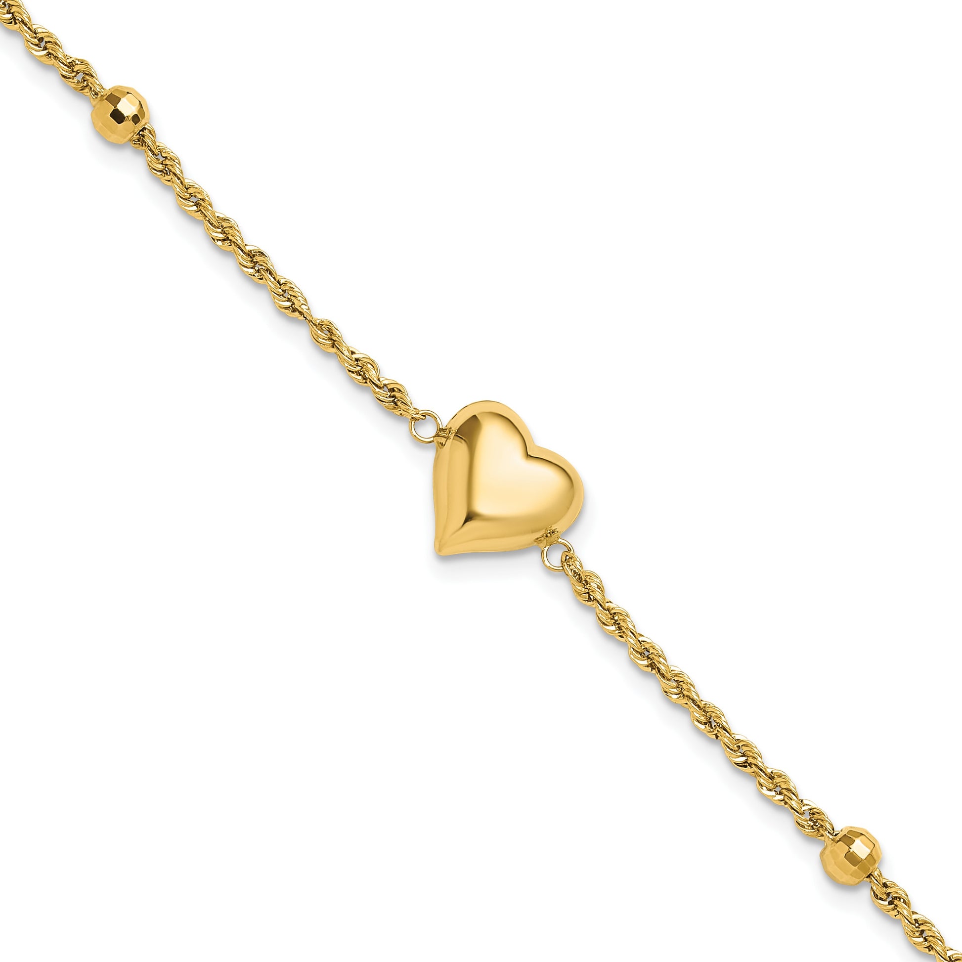 14k Polished and Diamond-cut Beaded Puffed Heart 7.75 inch Bracelet