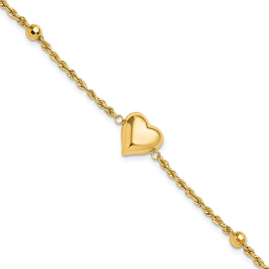 14k Polished and Diamond-cut Beaded Puffed Heart 7.75 inch Bracelet